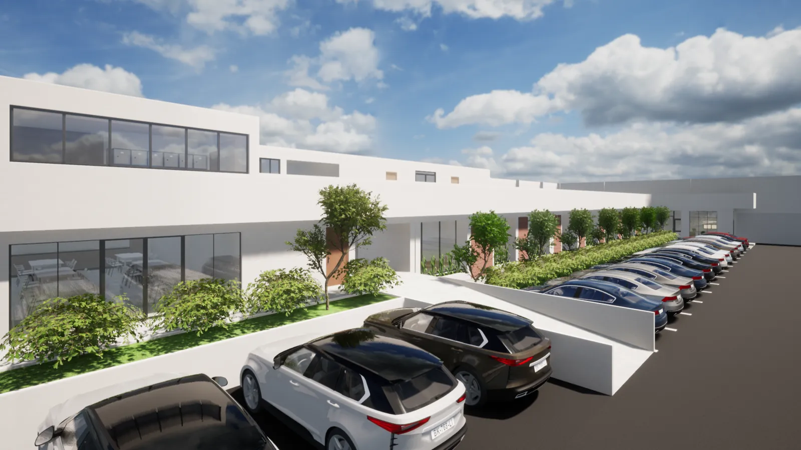 Render de edificación comercial de baja altura con estacionamiento frontal