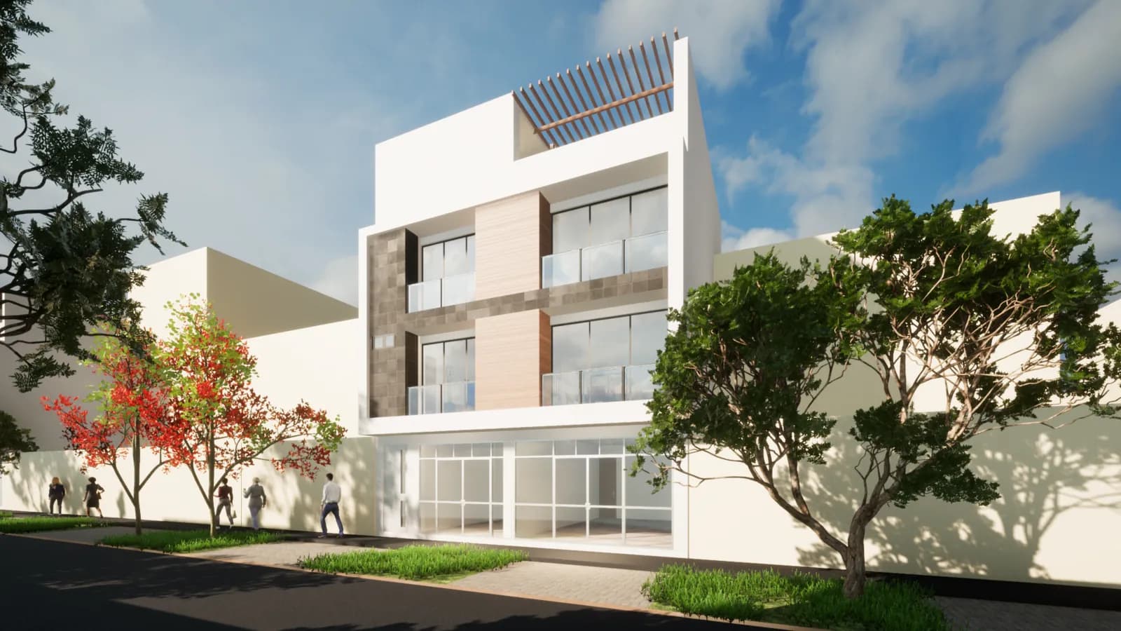 Render de conjunto de departamentos con áreas verdes