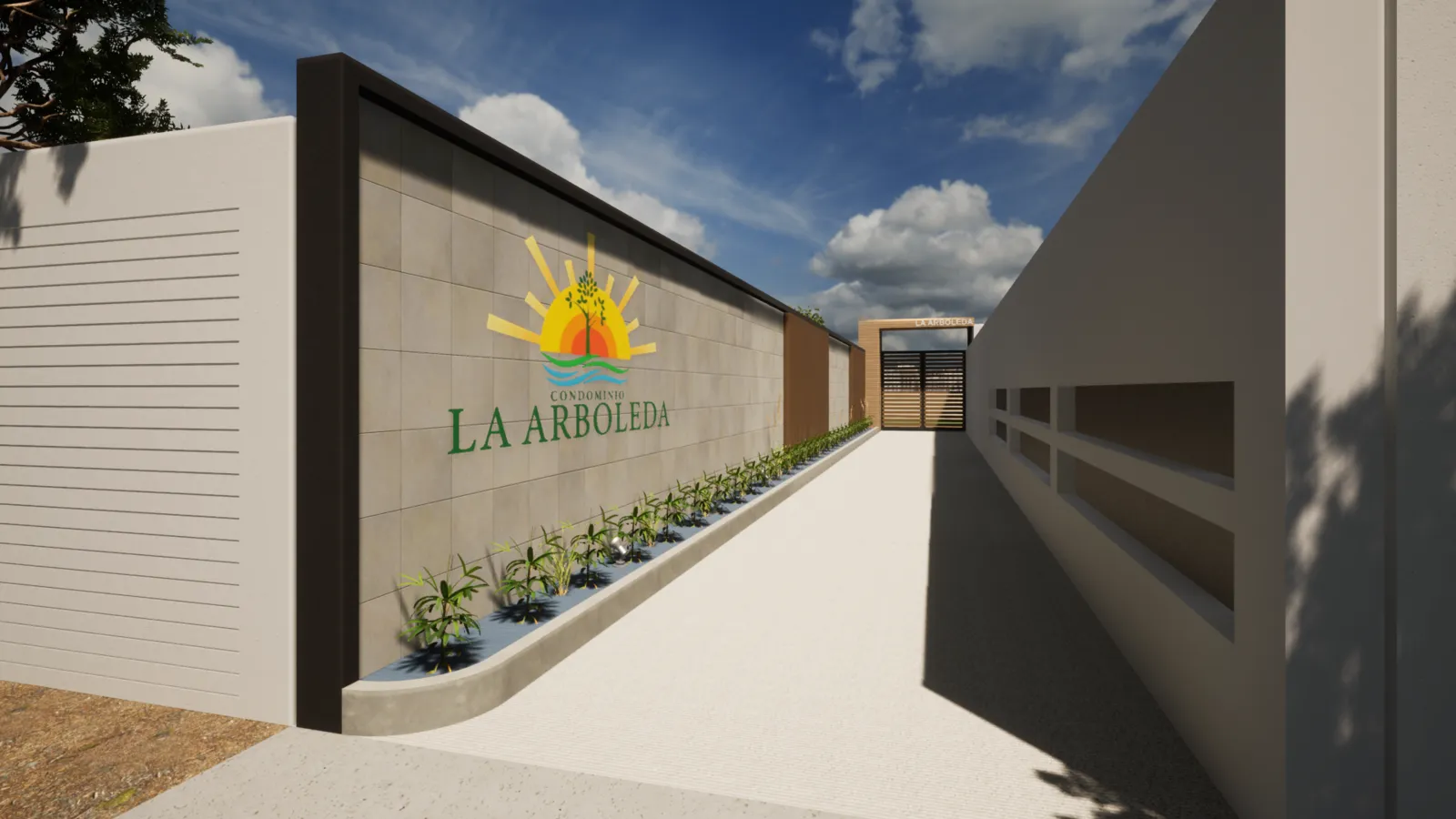 Render del ingreso principal de un proyecto residencial