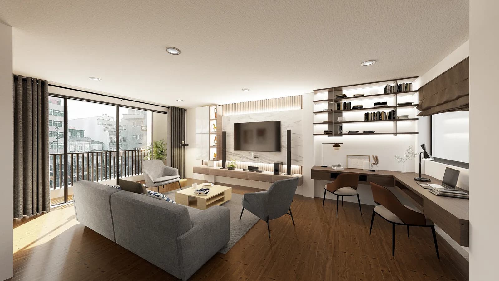 Render de interior — sala-comedor de un departamento