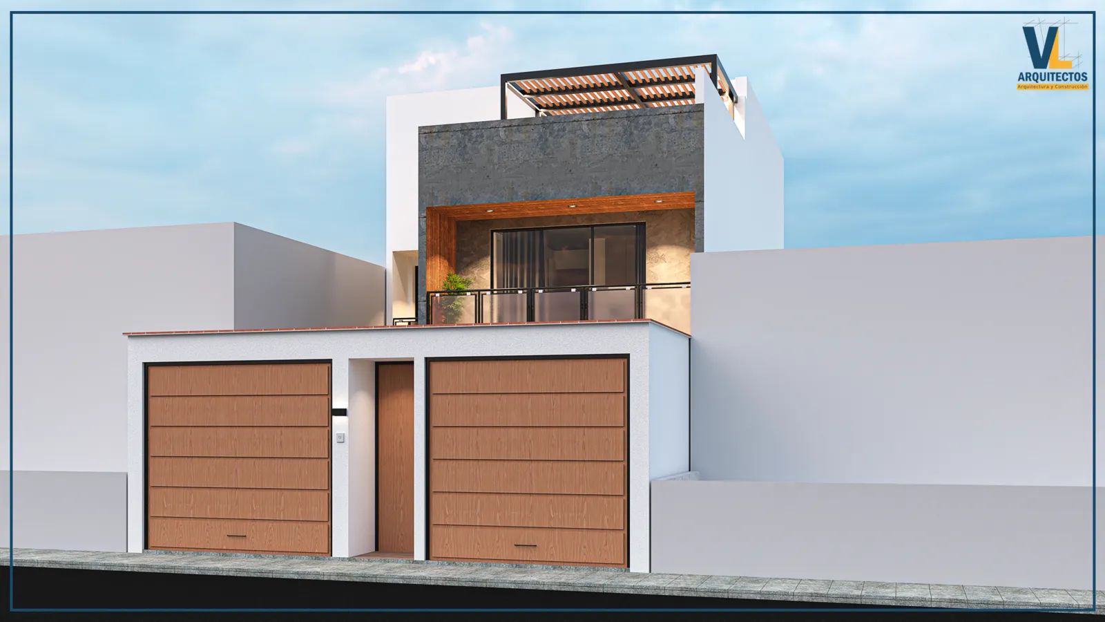 Render de edificio multifamiliar de esquina con acabados en madera y concreto