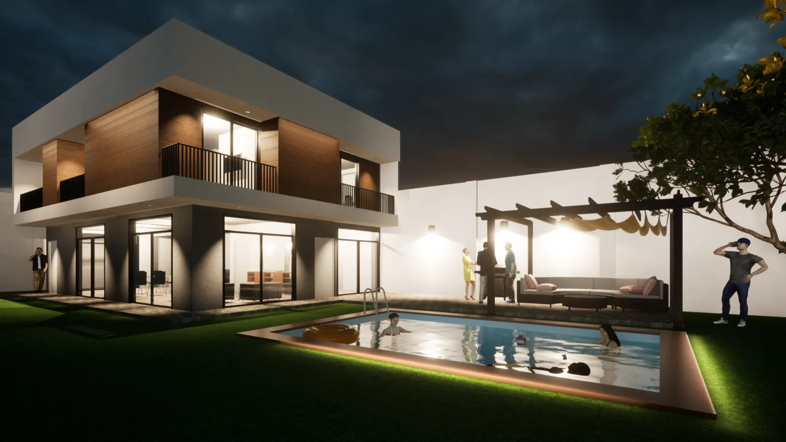 Render nocturno de vivienda contemporánea con piscina