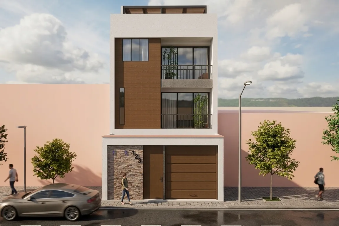 Render de edificio de departamentos con cochera en planta baja