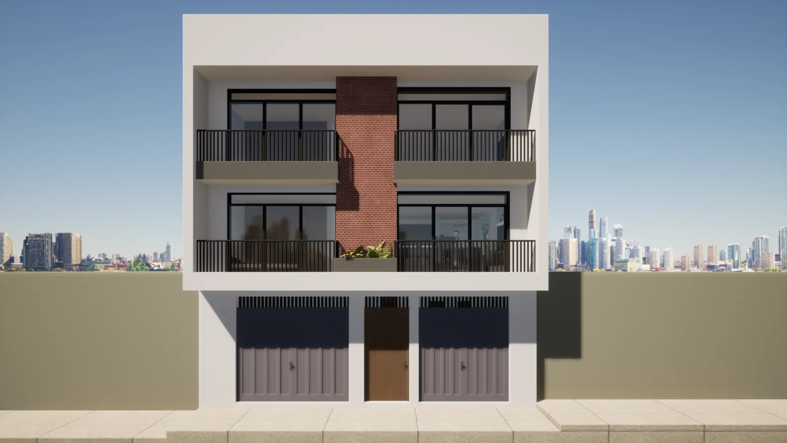 Render de fachada de edificio multifamiliar con balcones
