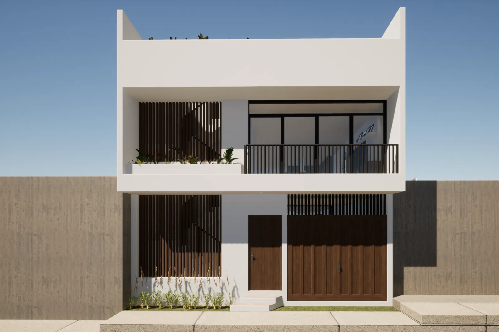 Render de vivienda contemporánea con grandes ventanales