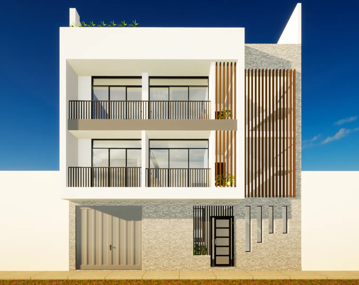 Render de fachada de edificio multifamiliar de mediana altura